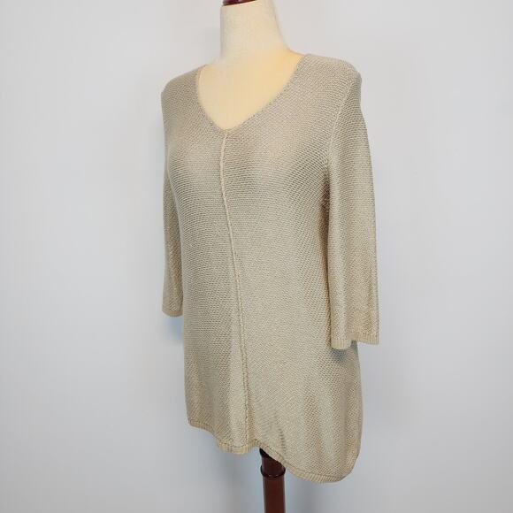 Chicos 2 Slanted Hem Heidi Sweater Size L Tan Metallic Slub Knit Chic Neutral - Picture 3 of 15